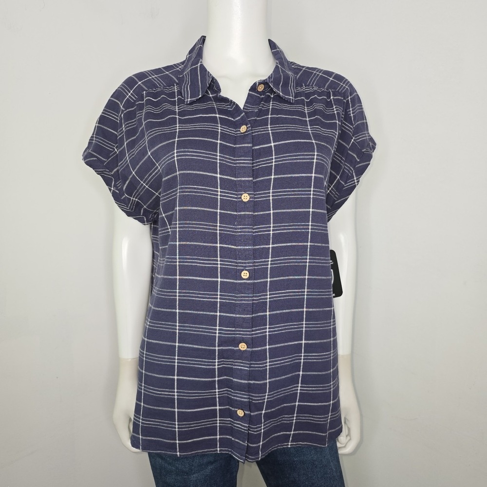 Kuhl NWT Women's Wylde Short Sleeve Indigo Blue Camp Button Down Shirt Size L